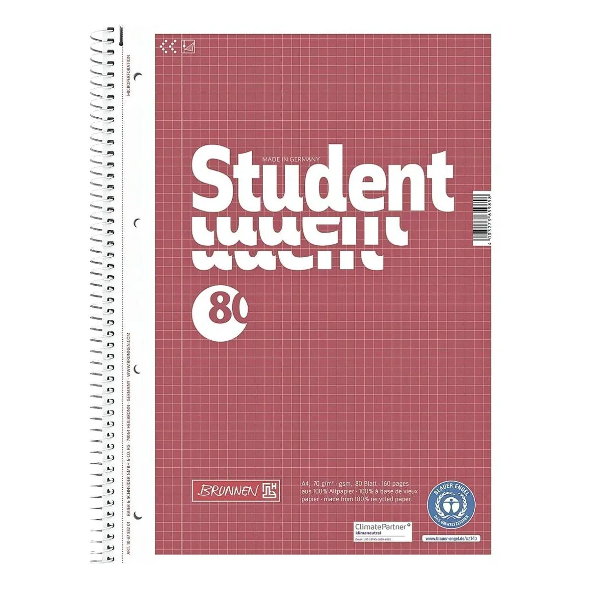 Brunnen Collegeblock A4, kariert, 80 Blatt, 4-fach Lochung