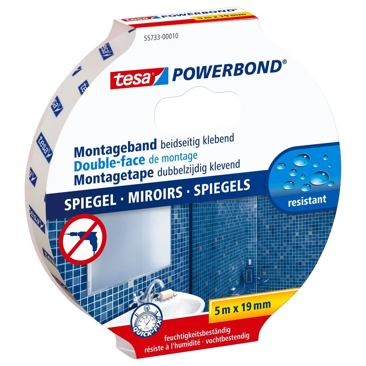 tesa POWERBOND Spiegel Doppelklebeband, extra stark, wasserfest
