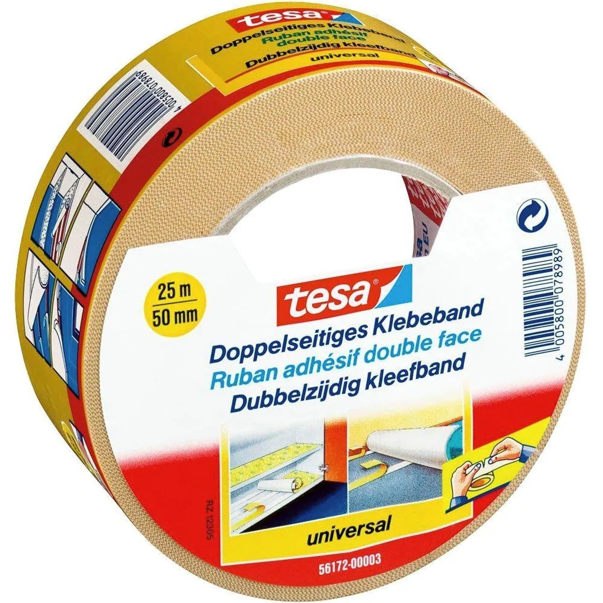 tesa Doppelklebeband UNIVERSAL, 25 Meter, 50mm Breite — stark haftend, vielseitig einsetzbar, einfach zu handhaben