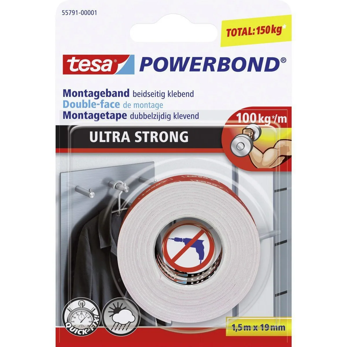tesa doppelseitiges Montageband Ultra Strong, stark haftend, vielseitig einsetzbar, 1,5 m