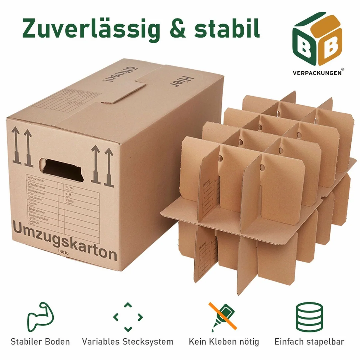 Umzugskarton für Gläser, stabil mit Einsatz für 30 Gläser — 2-wellig, 600x330x340 mm