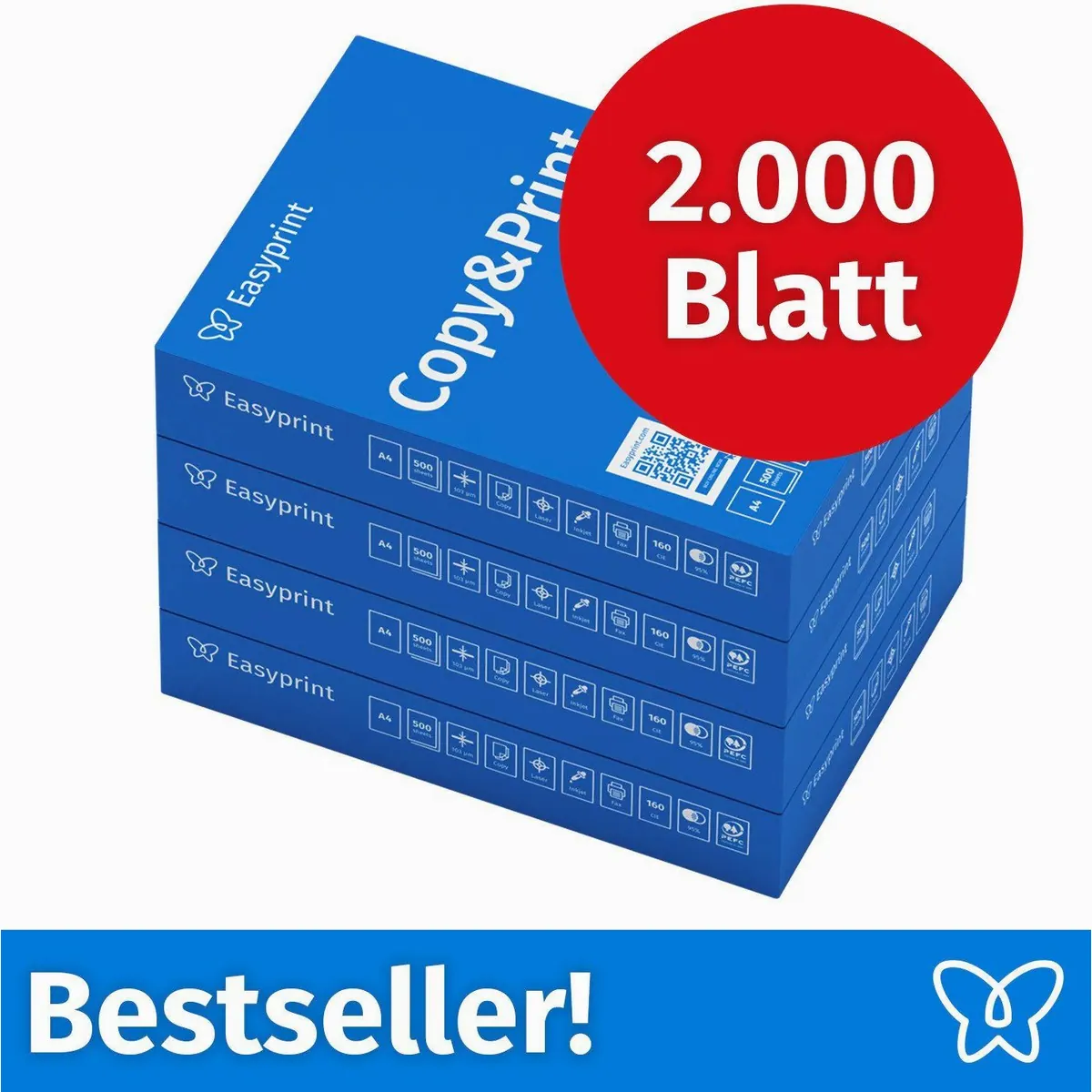 Kopierpapier A4 Premium, hochweiß, 2000 Blatt — hohe Opazität, vielseitig einsetzbar, PEFC-zertifiziert