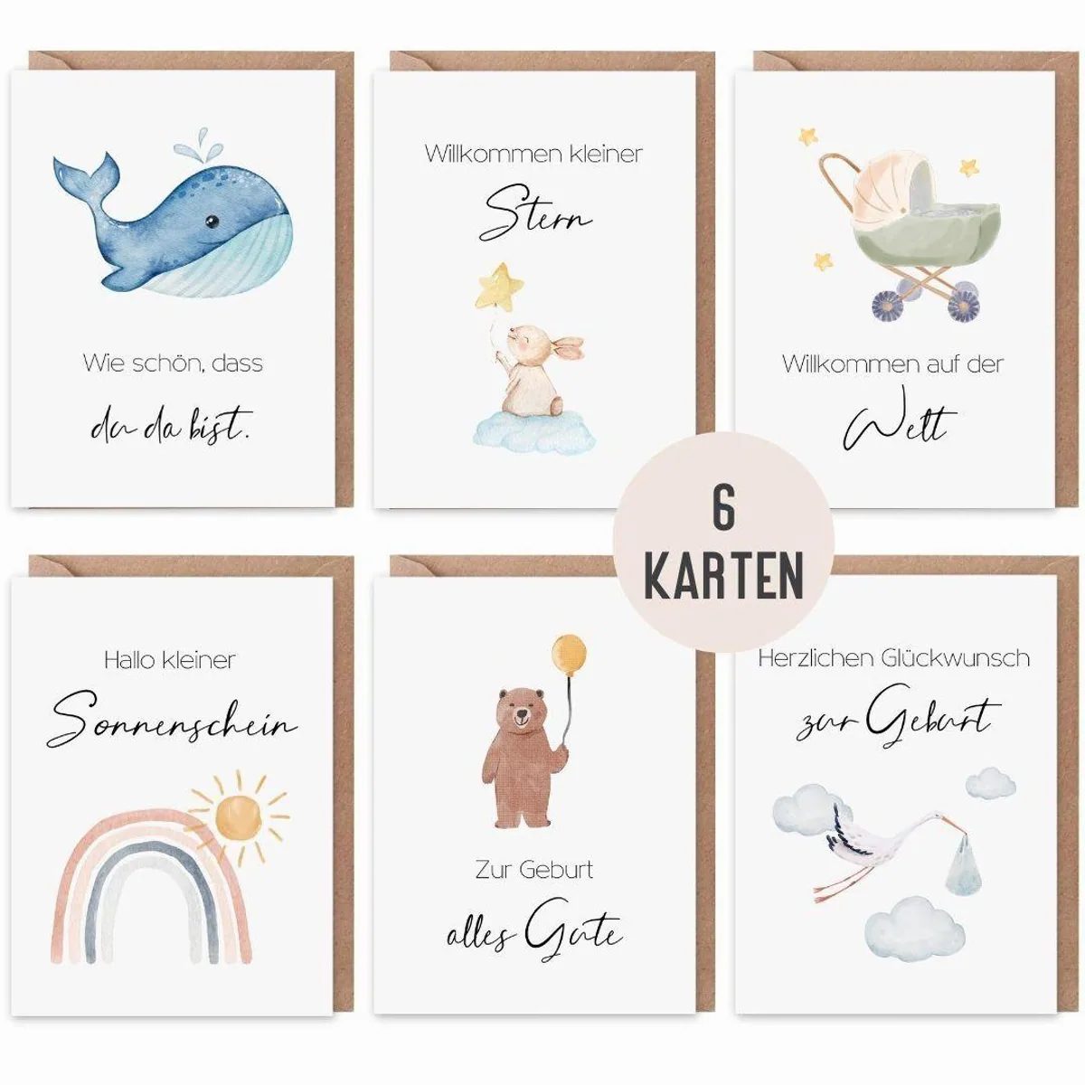 Things of Happiness Grußkarten zur Geburt, 6 Klappkarten mit Umschlägen aus Recyclingpapier