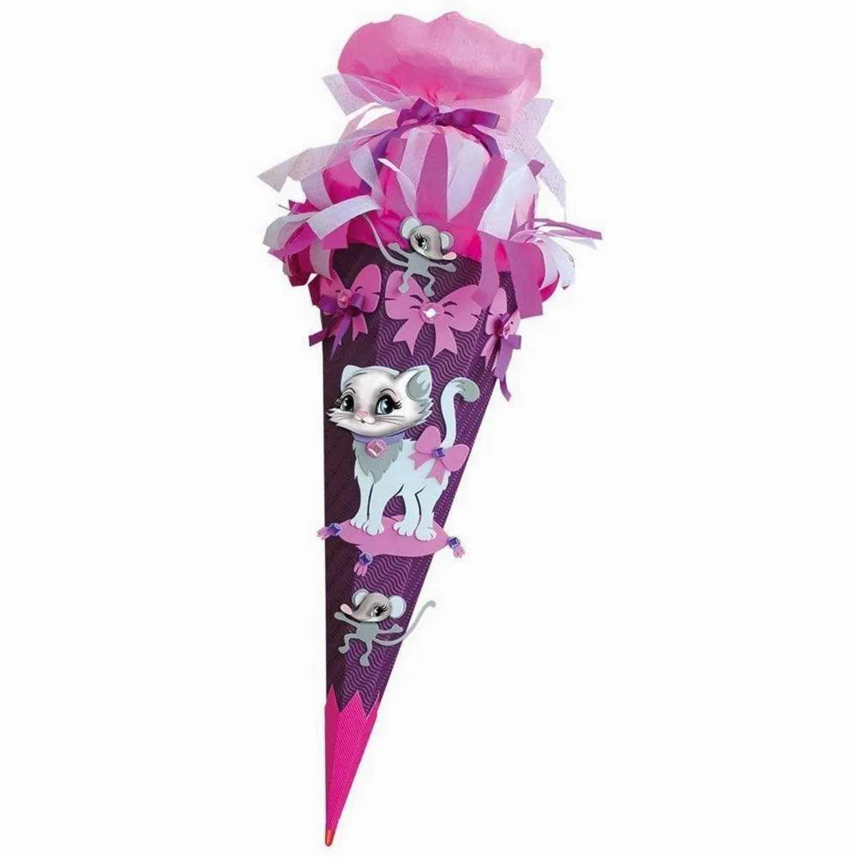Schultüte Basteltüte Kätzchen, 68 cm, eckig, rosa Kreppverschluss
