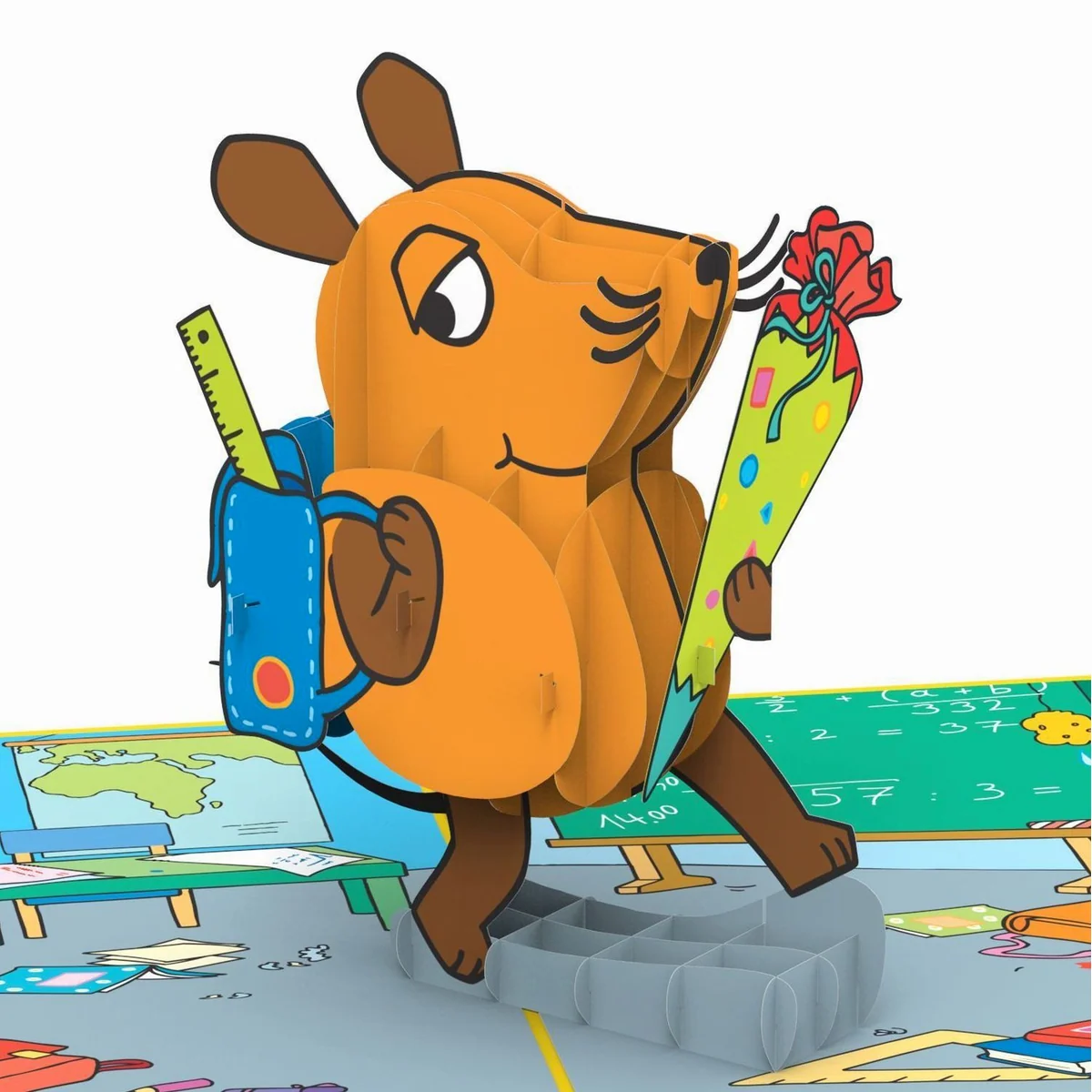 Schulanfangskarte Die Maus mit Schultüte, handgemacht, Pop-Up Design